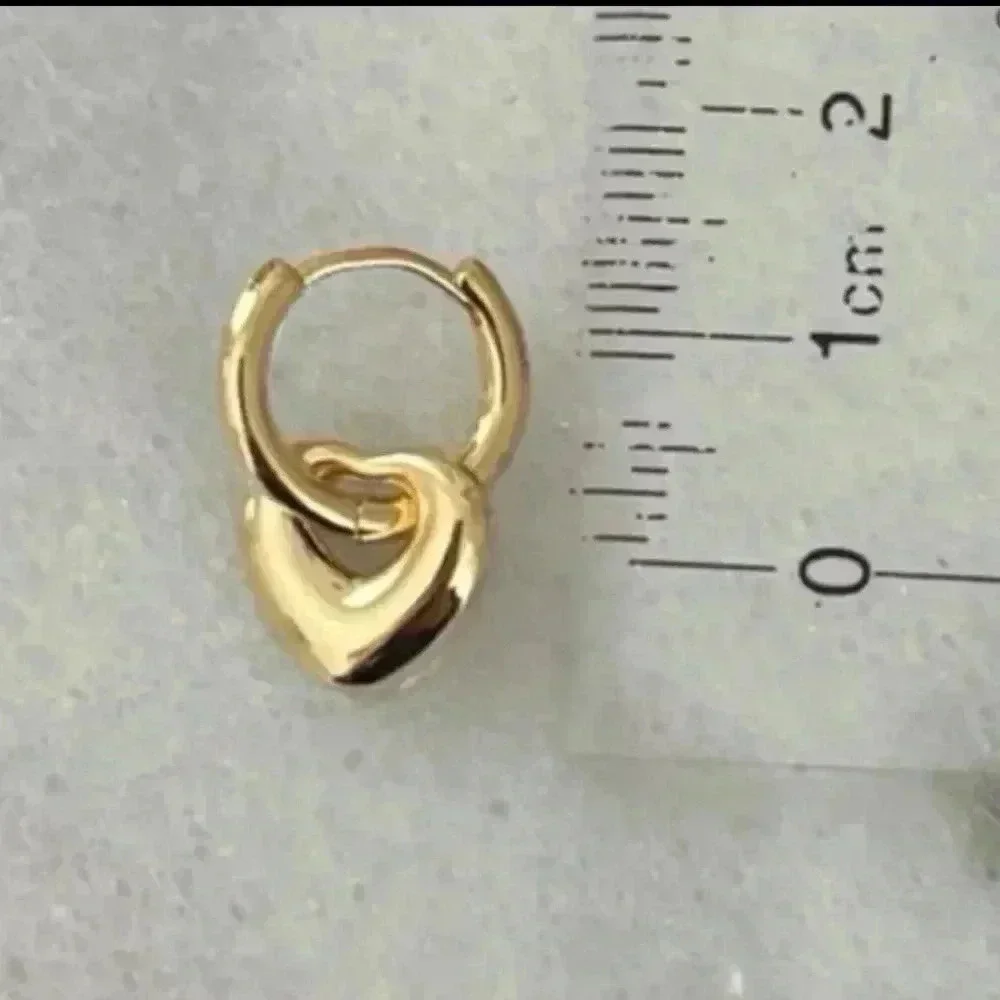 Gold Bubble Heart Charm Dangle Huggie Hoop Earrings - Picture 4 of 5